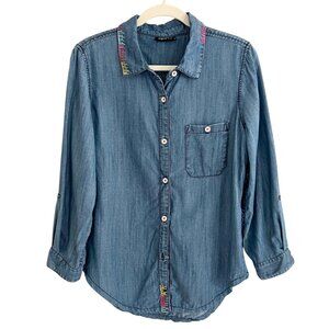 Colorful Hand Embroidered Chambray Tencel Button Up Shirt APNY Size Small